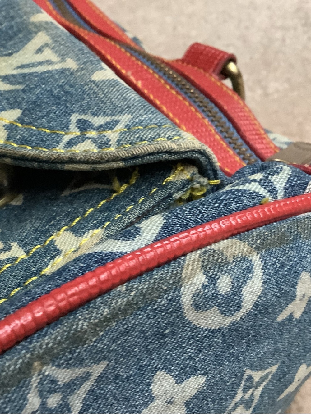 Denim and white, handbag. Red trim.  Signs of use. - Picture 5 of 16